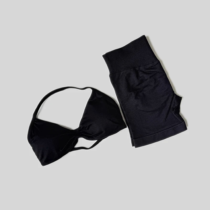 Conjunto de gimnasio de impacto para mujer, conjuntos de 2 piezas, camisetas sin mangas con cuello Halter, pantalones cortos sin costuras de cintura alta, traje deportivo, conjunto de entrenamiento
