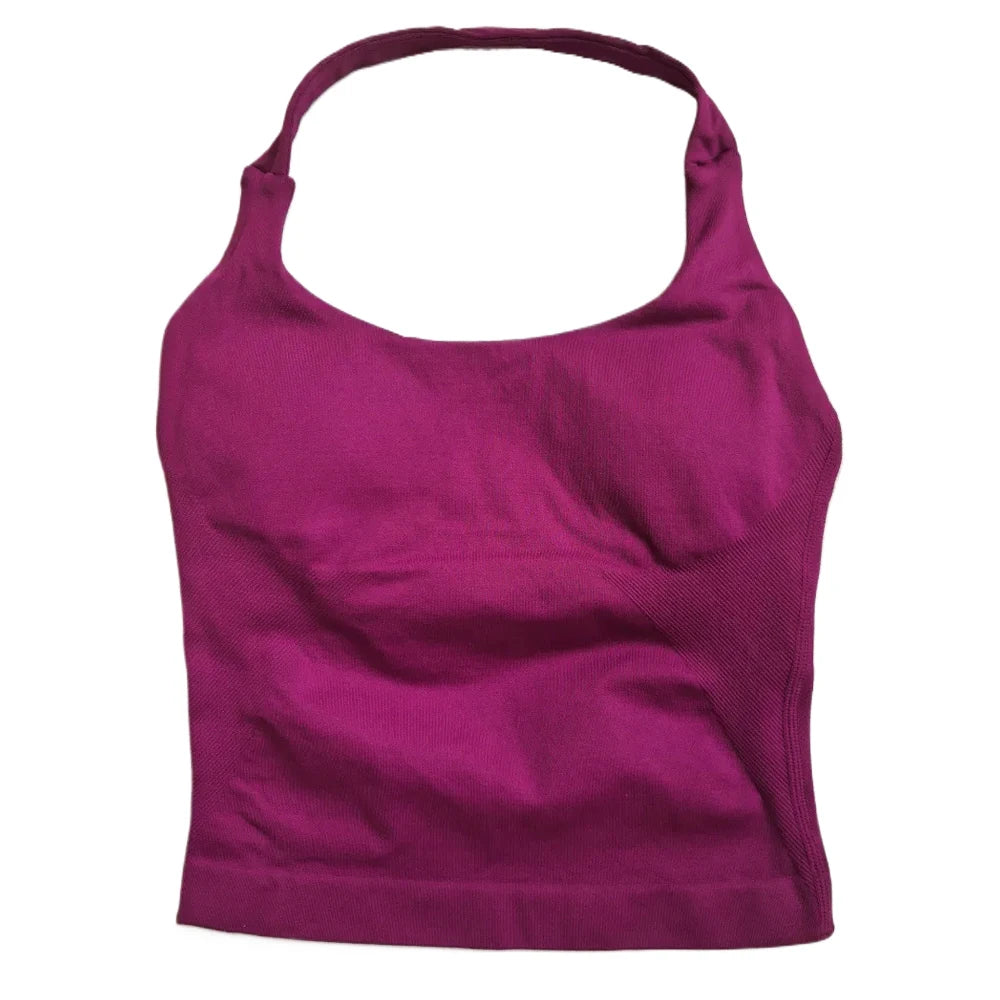 Top de gimnasio para mujer, ropa de entrenamiento con tiras, camiseta sin mangas, Sujetador deportivo acolchado, camisas de Yoga sin espalda, Top corto de gimnasia sin costuras, chaleco de Fitness con cuello Halter