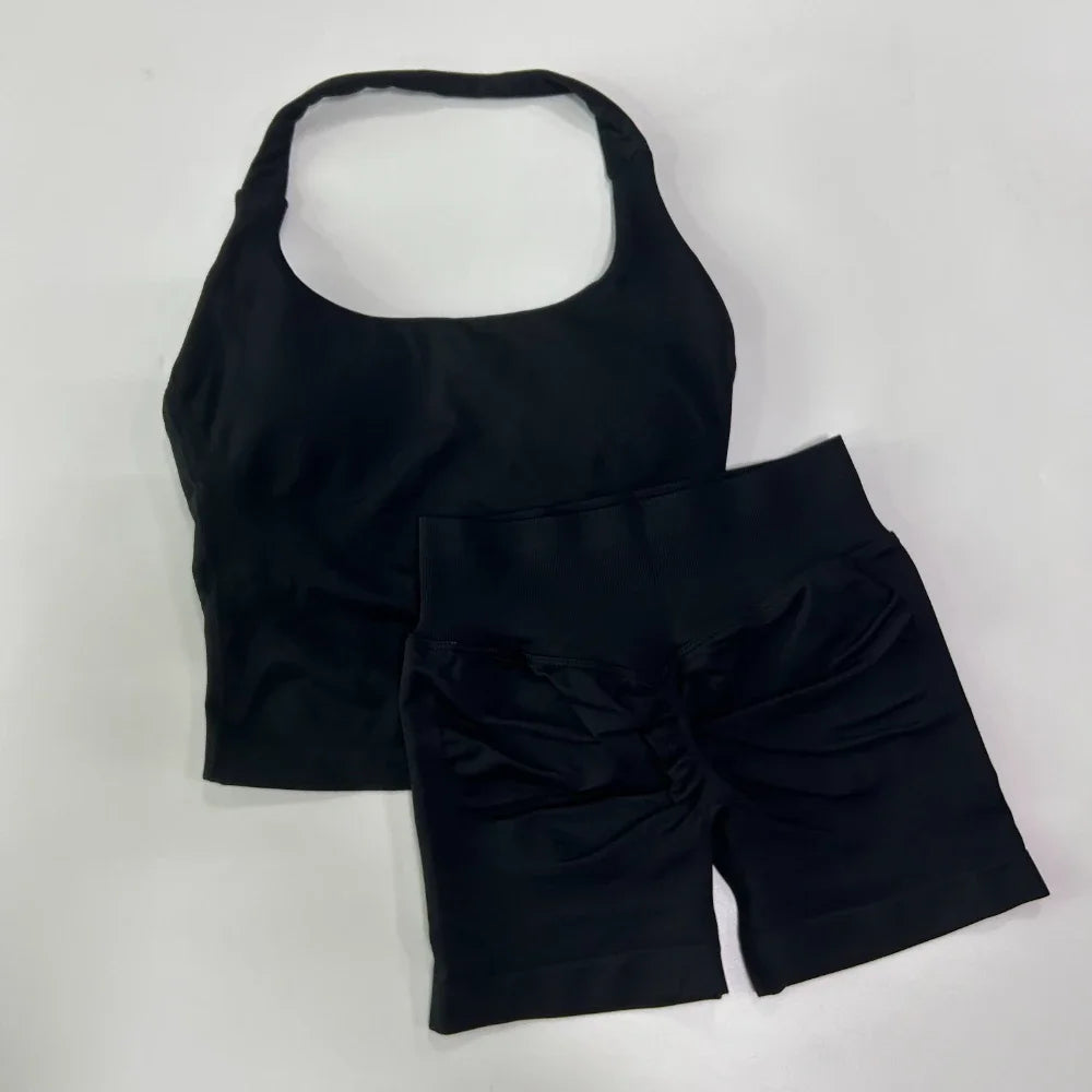 Conjunto de gimnasio de 2 piezas para Yoga para mujer, Tops con cuello Halter y espalda descubierta, pantalones cortos sin costuras de cintura alta, traje de gimnasio, sujetadores deportivos, ropa deportiva, conjuntos de entr