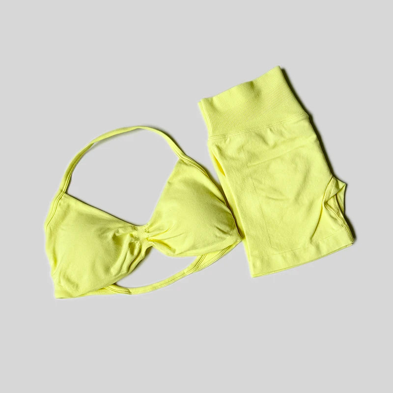 Conjunto de gimnasio de impacto para mujer, conjuntos de 2 piezas, camisetas sin mangas con cuello Halter, pantalones cortos sin costuras de cintura alta, traje deportivo, conjunto de entrenamiento