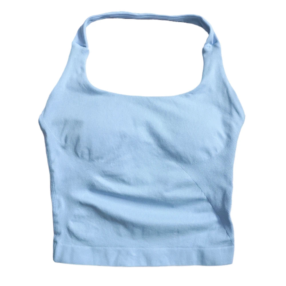 Top de gimnasio para mujer, ropa de entrenamiento con tiras, camiseta sin mangas, Sujetador deportivo acolchado, camisas de Yoga sin espalda, Top corto de gimnasia sin costuras, chaleco de Fitness con cuello Halter