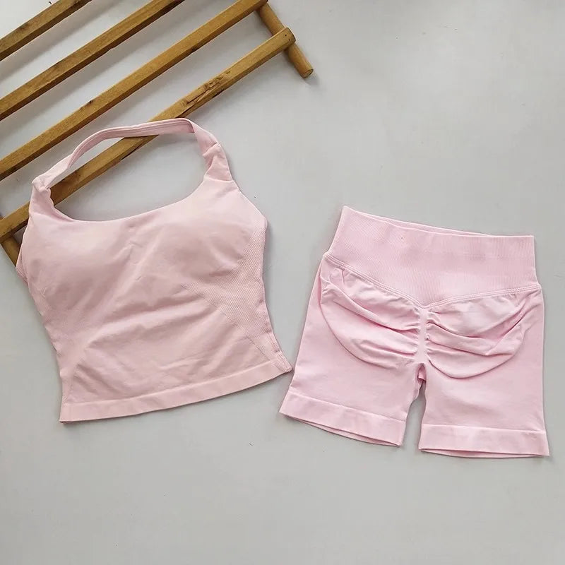 Conjunto de gimnasio de 2 piezas para Yoga para mujer, Tops con cuello Halter y espalda descubierta, pantalones cortos sin costuras de cintura alta, traje de gimnasio, sujetadores deportivos, ropa deportiva, conjuntos de entr