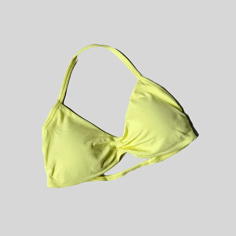 Sujetador deportivo con cuello Halter para mujer, Top corto de gimnasia con espalda abierta y realce, camisetas sin mangas de Yoga para entrenamiento sin costuras acolchadas