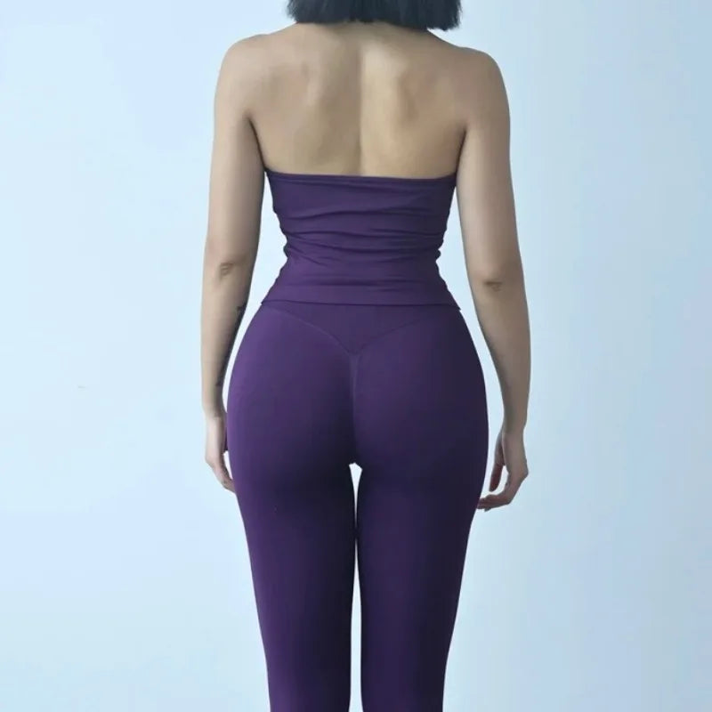 Conjunto de yoga de 2 piezas para mujer, top halter sin espalda, pantalones sin costuras de cintura alta, traje de gimnasio, sujetador deportivo, ropa deportiva, conjuntos de entrenamiento.