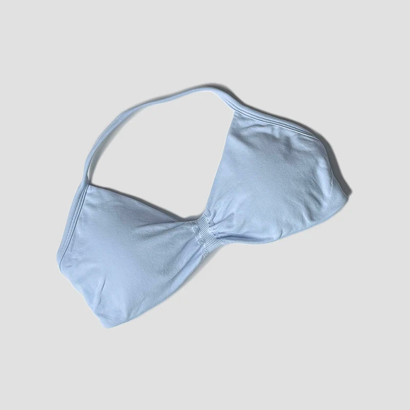 Sujetador deportivo con cuello Halter para mujer, Top corto de gimnasia con espalda abierta y realce, camisetas sin mangas de Yoga para entrenamiento sin costuras acolchadas