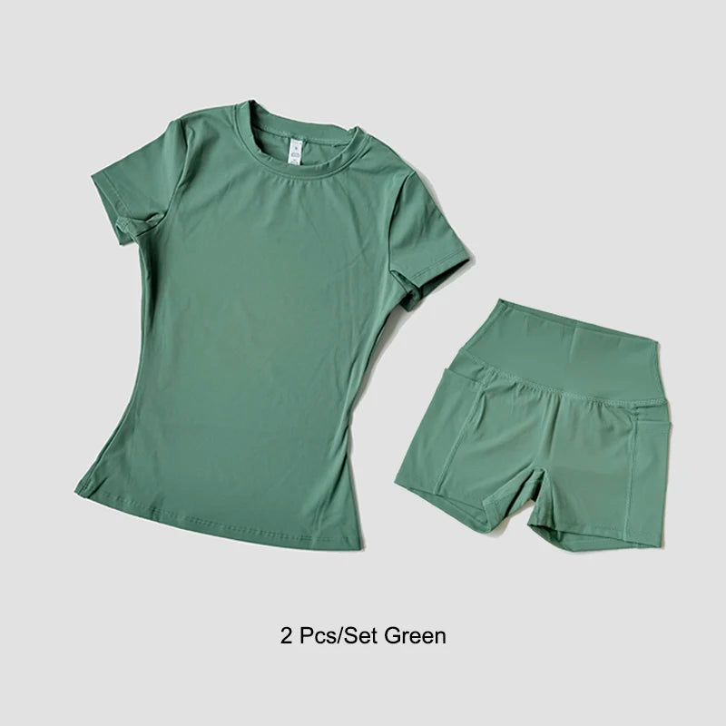 Conjunto deportivo de Yoga para mujer, ropa de gimnasio de punto sin costuras, ropa deportiva, Top corto de manga corta, chándales, mallas cortas para gimnasio