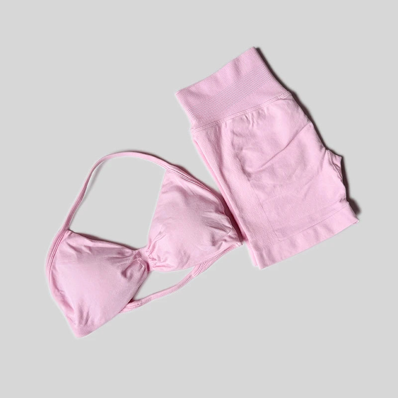 Conjunto de gimnasio de impacto para mujer, conjuntos de 2 piezas, camisetas sin mangas con cuello Halter, pantalones cortos sin costuras de cintura alta, traje deportivo, conjunto de entrenamiento